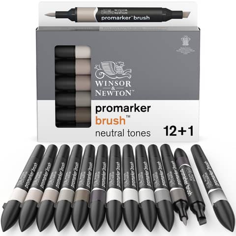Pennarelli Winsor&Newton Promarker Brush doppia punta scalpello-pennello - conf. 12 colori grigi + 1 blender - 0290144